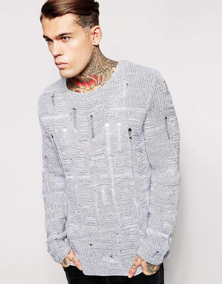 Asos Laddered Sweater In Twist Yarn - Gray And White Twist