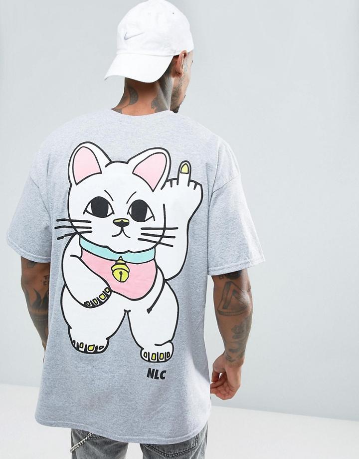 New Love Club Cat Back Print T-shirt In Oversized Fit - Gray