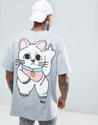 New Love Club Cat Back Print T-shirt In Oversized Fit - Gray