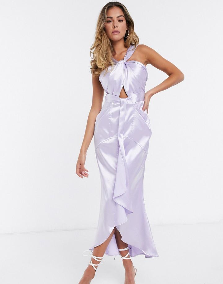Yaura Cut Out Ruffle Satin Midi Dress In Lilac-purple