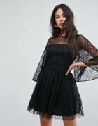 Asos Flutter Sleeve Dobby Mix Mini Dress - Black