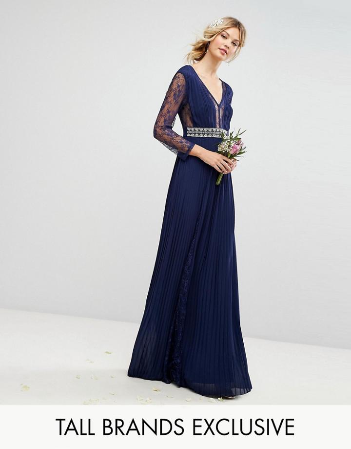 Tfnc Tall Pleated Maxi Dress With Long Sleeves And Lace Inserts With Embellished Waist - Navy