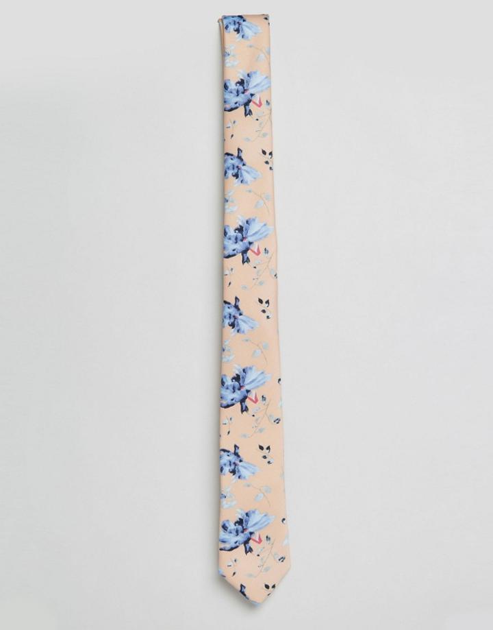 Asos Wedding Tie With Floral Design In Peach - Peach