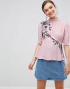 Asos Puff Sleeve Embroidered Blouse - Pink