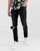 Asos Design Recycled Super Skinny Jeans In Washed Black With Heavy Rips - Black