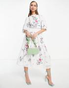 Asos Design High Neck Textured Embroidered Midi Dress With Lace Trims In White