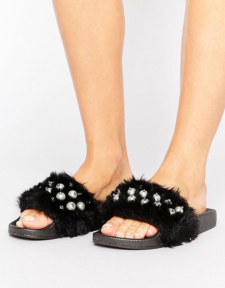 Truffle Collection Black Fur Pearl Slides - Black