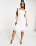 Goddiva Exclusive Square Neck Embellished Midi Dress In White