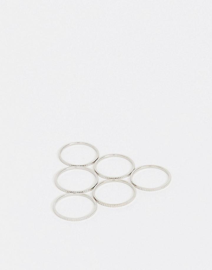 Asos Design Pack Of 6 Rings In Minimal Engraved Design In Silver Tone - Silver