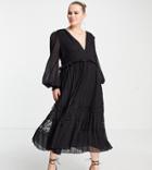 Asos Design Curve Exclusive Plunge Pleated Midi Dress With Lace Insert Hem In Black