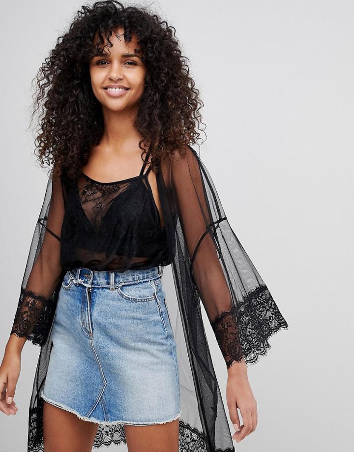 Monki Tulle Lace Trim Kimono - Black