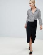 Asos Design Denim Midi Skirt With Split Front In Washed Black - Black