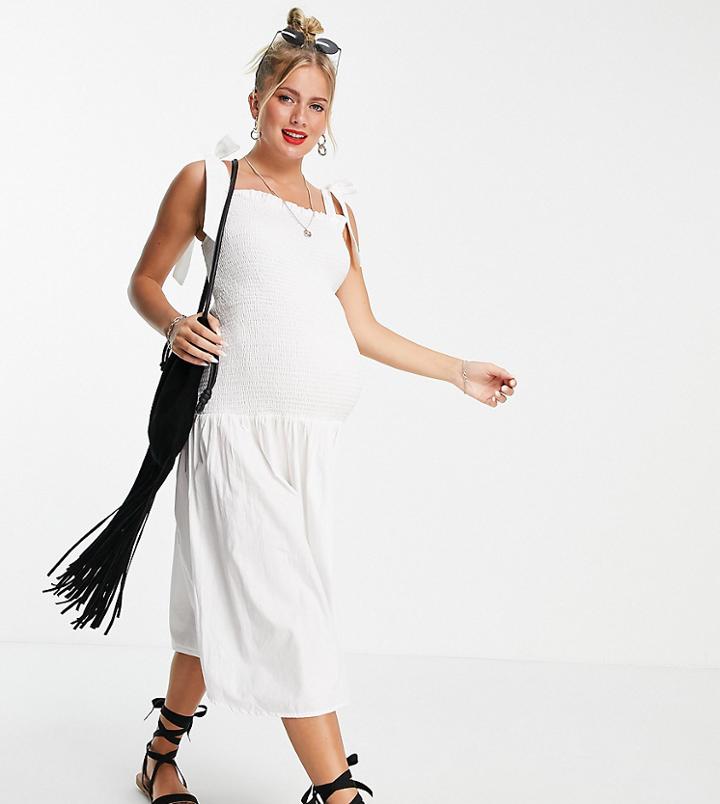 Violet Romance Maternity Shirred Tie Strap Cotton Poplin Midi Dress In White