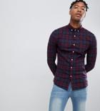 Asos Design Tall Skinny Check Shirt In Navy & Burgundy - Red