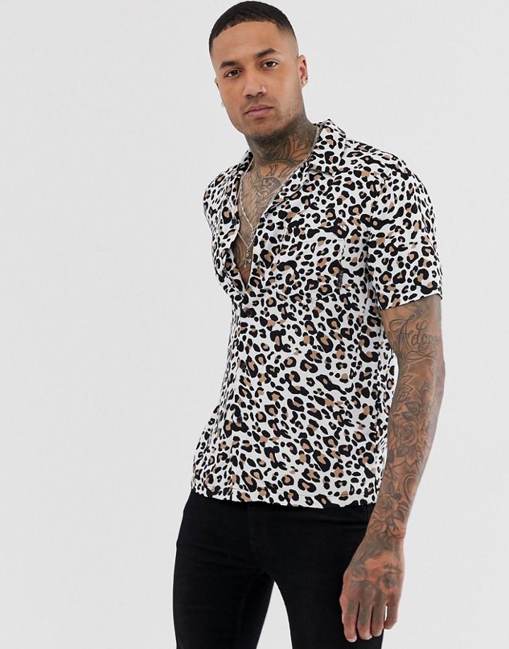 Religion Revere Collar Shirt With Leopard Print In Tan - Tan