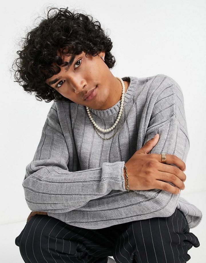 Asos Design Oversized Wide Ribbed Sweater In Gray Heather-grey