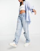 Asos Design Organic Cotton Blend Low Rise 'baggy' Boyfriend Jean In Lightwash With Rips-blue