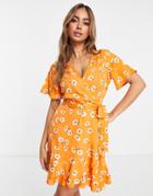 In The Style X Jac Jossa Puff Sleeve Square Neck Midi Tea Dress In Orange Daisy Print-multi