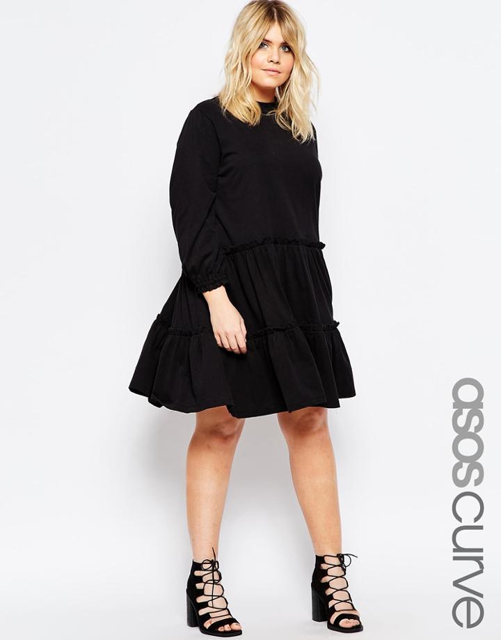 Asos Curve Long Sleeve Tiered Smock Dress - Black