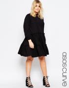 Asos Curve Long Sleeve Tiered Smock Dress - Black