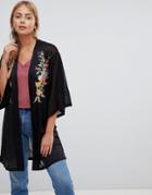 Qed London Kimono Cardigan With Floral Embroidery - Black