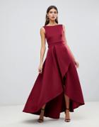 True Violet High Low Scuba Maxi Dress With Open Back Bow Detail In Wine - Red