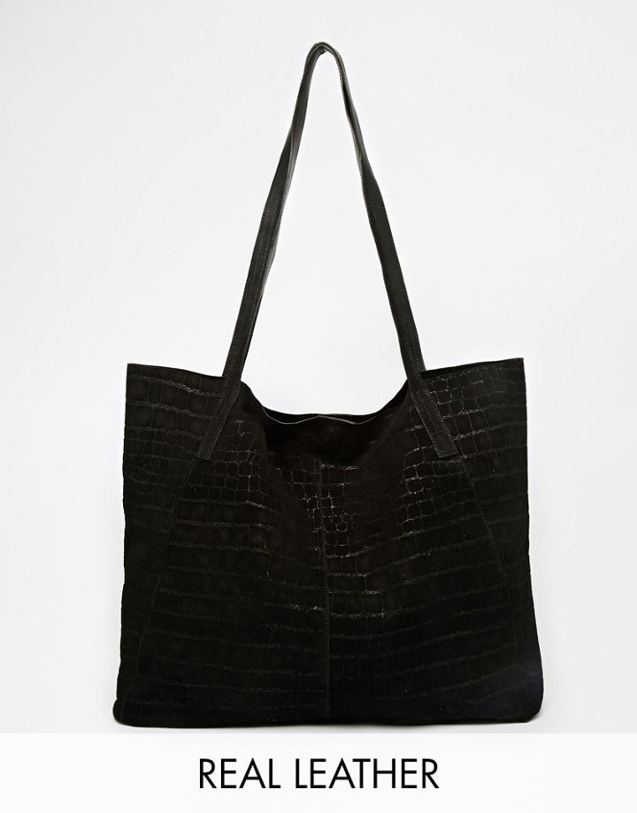 Asos Suede Embossed Croc Shopper Bag - Black