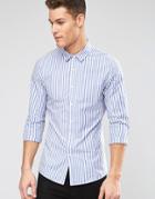 Asos Skinny Shirt In Bold Blue Stripe With Long Sleeves - Blue