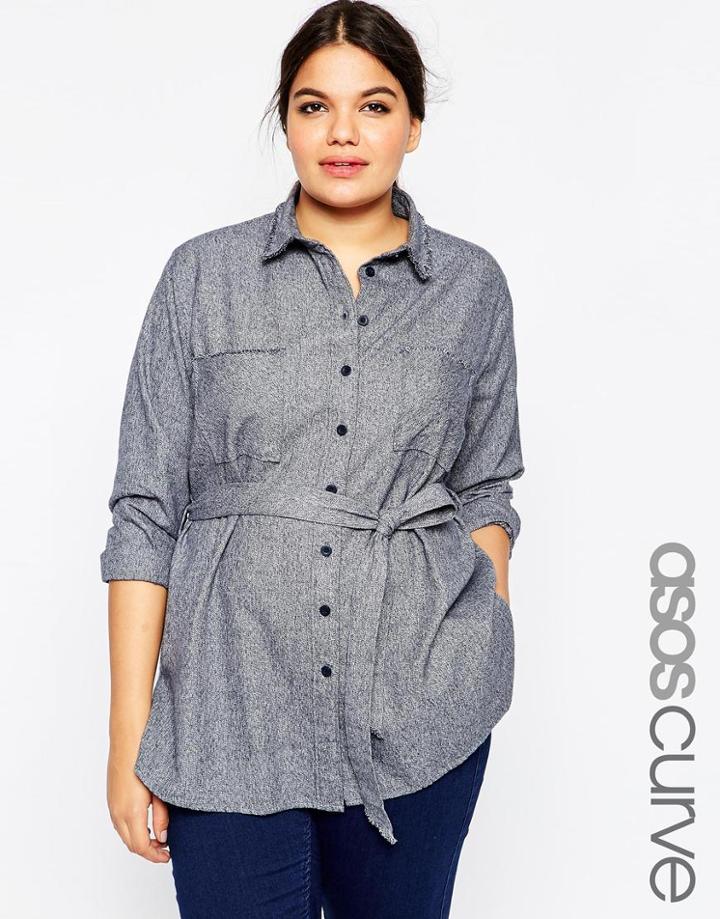 Asos Curve Casual Belted Longline Shirt With Raw Edge Details - Navy