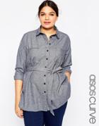 Asos Curve Casual Belted Longline Shirt With Raw Edge Details - Navy