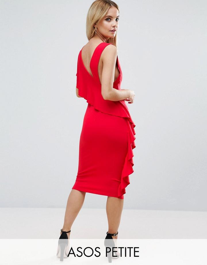 Asos Petite Ruffle Back Plunge Midi Dress - Red