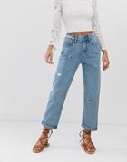 River Island Mom Jeans In Mid Wash-blue