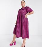 Twisted Wunder Plus Collar Print Check Dress In Pink-blue