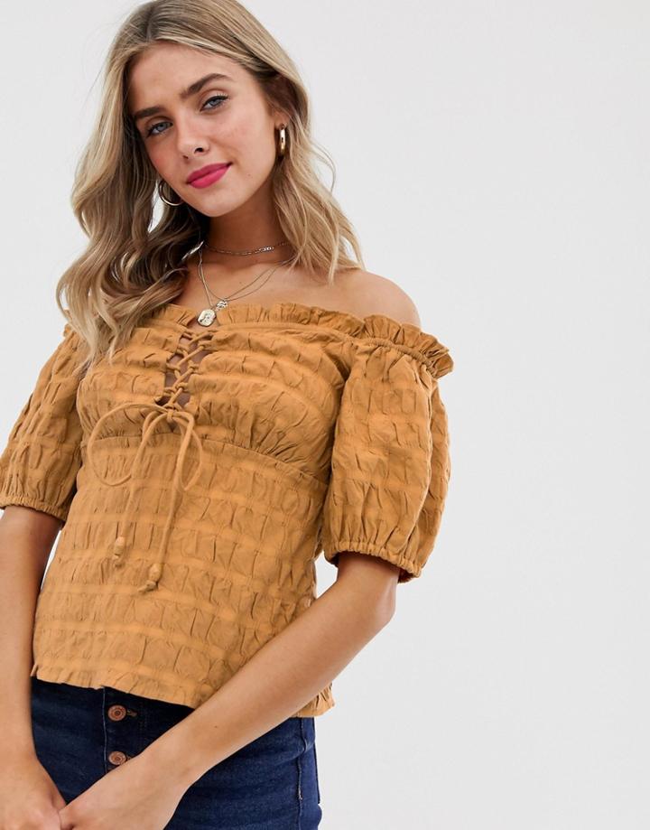 Asos Design Off Shoulder Top With Lace Up Detail In Textured Cotton - Black