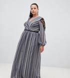 Little Mistress Plus Wrap Front Lace Insert Maxi Dress In Metallic Stripe-black