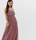Asos Design Petite Cami Maxi Dress With Delicate Pearl And Beaded Crop Top - Silver