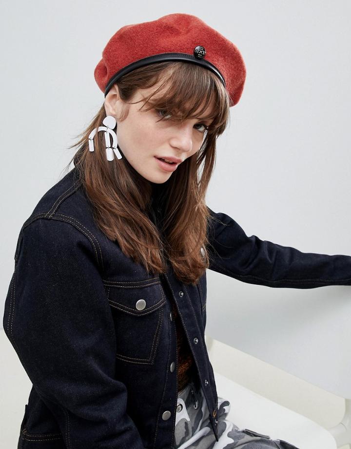 Asos Design Wool Beret With Coin Detail - Red