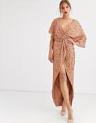 Asos Design Scatter Sequin Knot Front Kimono Maxi Dress-brown