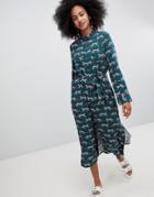 Monki Tiger Placement Print Tie Front Midi Dress - Green