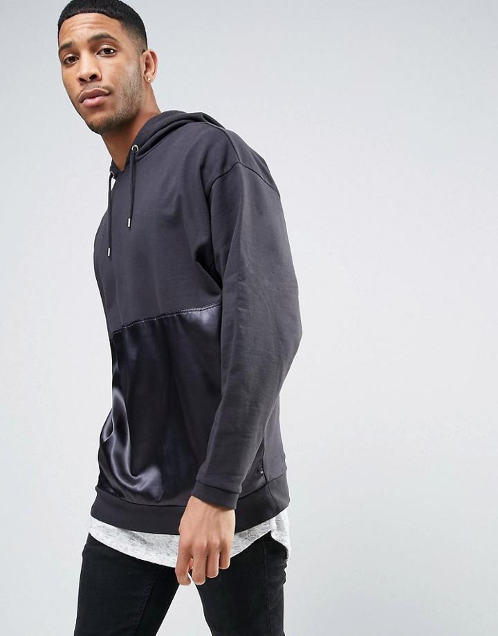 Asos Oversized Longline Hoodie With Satin Panel - Black