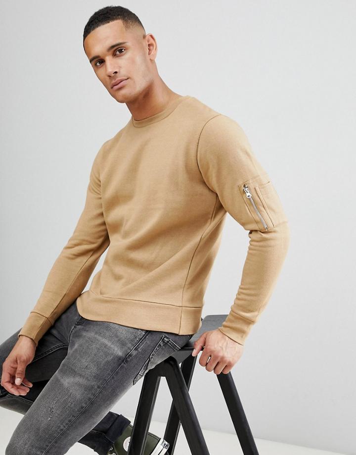 Brave Soul Crew Neck Military Sweat - Tan