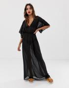 Asos Design Kimono Sleeve Tie Back Chiffon Maxi Beach Dress In Black - Black
