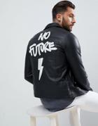 Religion Leather Biker Jacket With No Future Print - Black