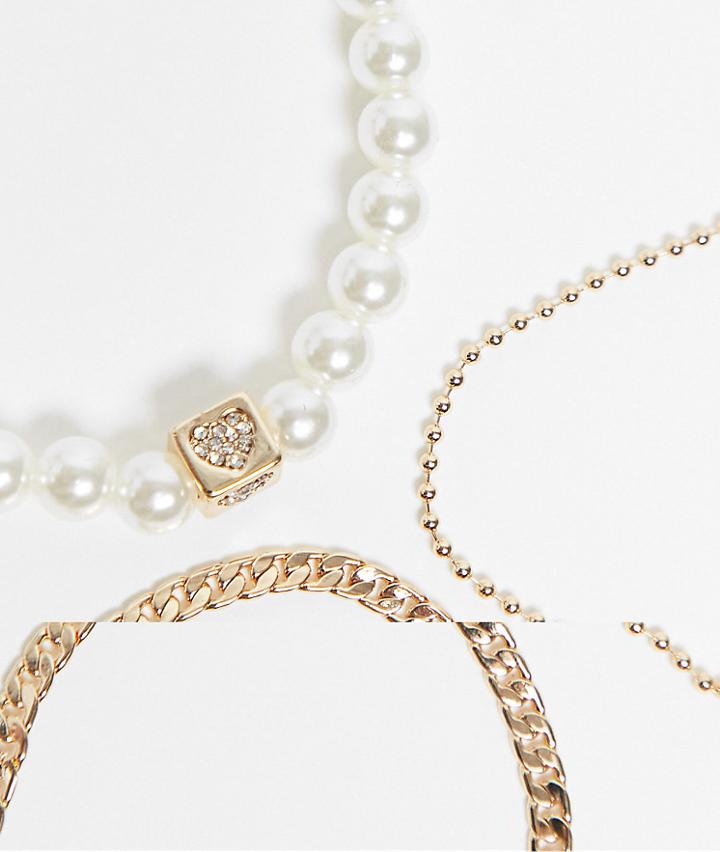 Asos Design Pack Of 3 Bracelets With Mix Chain And Pearl In Gold Tone