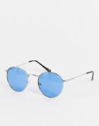 Asos Design Round Sunglasses In Silver Metal With Blue Lens - Silver