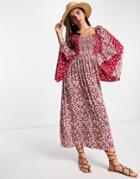 Asos Design Shirred Maxi Dress With Fluted Sleeve In Mixed Red Prints-multi