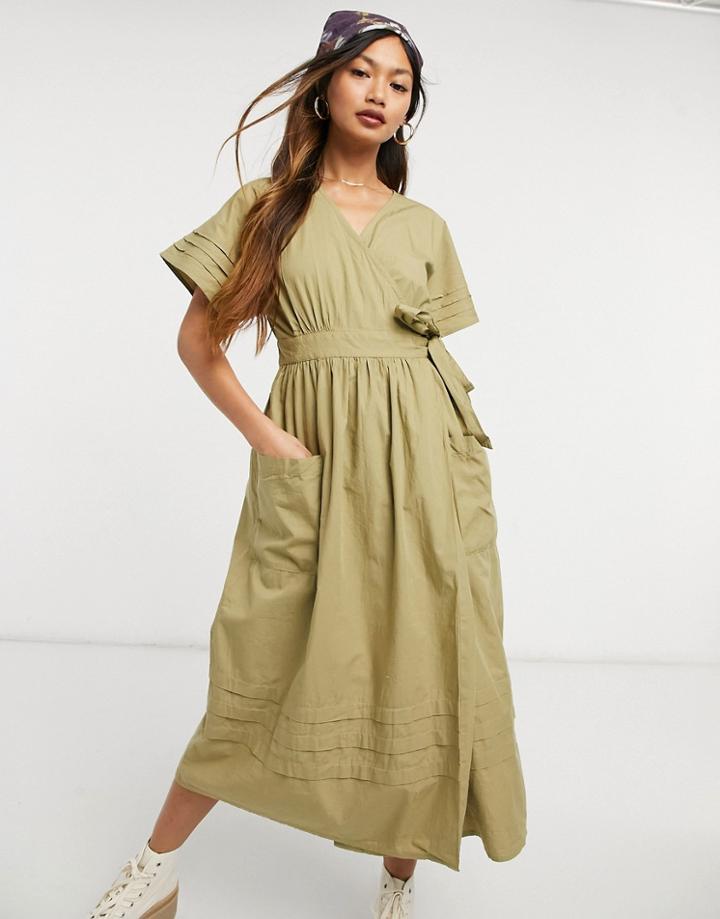 Warehouse Wrap Pintuck Detail Midi Dress In Khaki-green