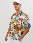 Asos Design Oversized Revere Polo With All Over Mixed Print-white