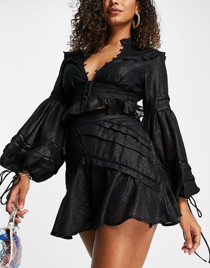 Asos Design Set Pleat Detail Mini Skirt With Ruffle Hem In Black