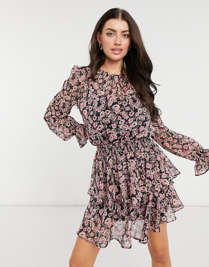 River Island Floral Shirred Waist Mini Dress In Pink